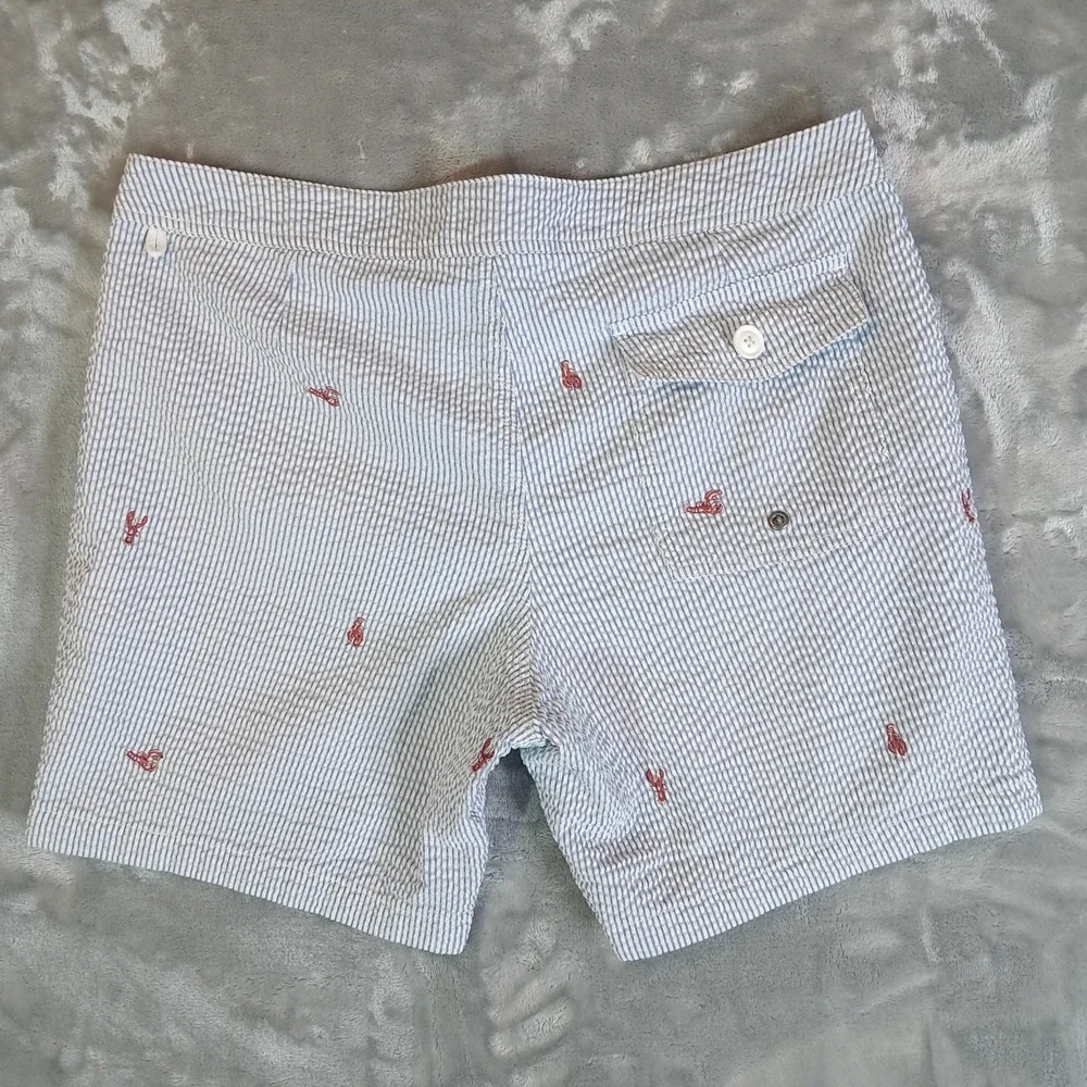 J Crew Men Swim Trunks 33 Seersucker Blue White Stripe Embroidered Lobster G1734